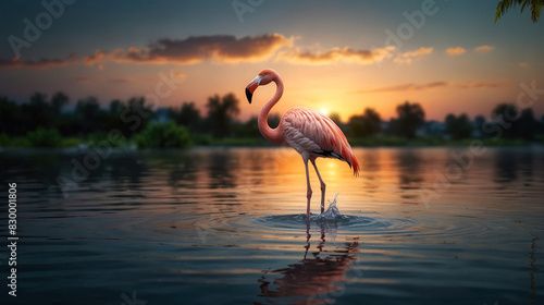 Flamingo,Close-up of american greater flamingo in lake in sunset light. Generative AI photo
