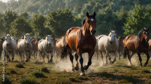 Beautiful horse herd gallops on the meadow. A style similar to impressionist painting. Generative AI