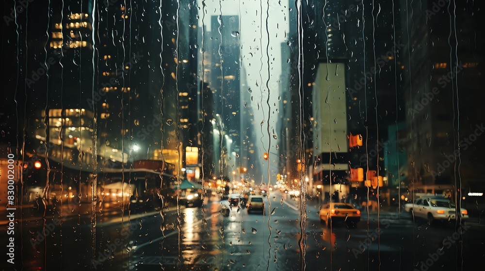 Rainy cityscape at night, view from window Rainy cityscape at night, view from window
