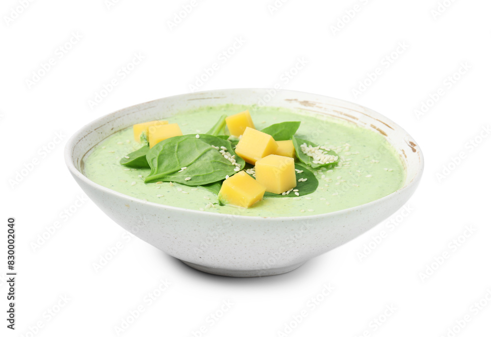 Delicious spinach cream soup with cheese and sesame seeds in bowl isolated on white Delicious spinach cream soup with cheese and sesame seeds in bowl isolated on white