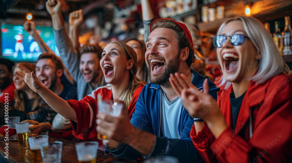 Friends cheering for their favorite sports team at a bar