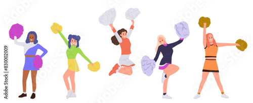 Set of young pretty girls cheerleaders cartoon characters dancing performing with vibrant pompoms