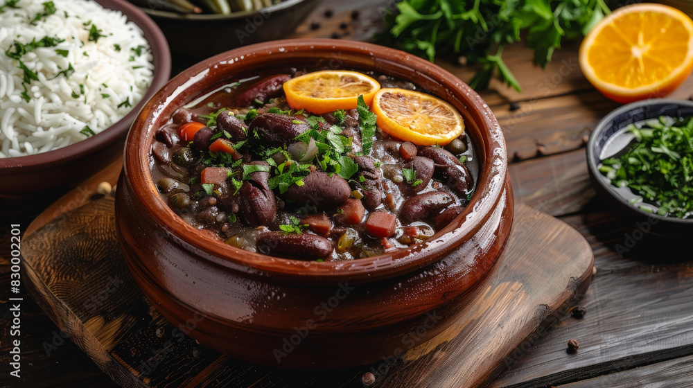 Feijoada traditional Brazilian food served with rice, farofa, orange slices, pork and sausage Feijoada traditional Brazilian food served with rice, farofa, orange slices, pork and sausage