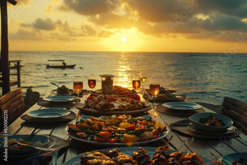 Fototapeta Naklejka Na Ścianę i Meble -  a table set for a dinner with a sunset in the background