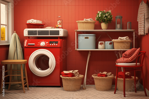 a retro 1950s laundry room scene with vintage washing machines and laundry baskets photo