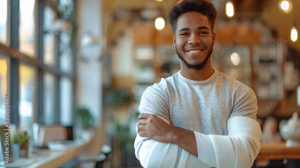 Young man with cast on arm smiling warmly in a comfortable office setting, showcasing resilience and positivity despite injury