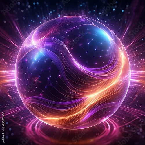 planet of space,Abstract glowing sphere with neon energy waves and particles in purple and pink waves dark background magical sparks.