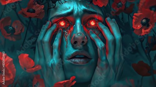 A young man with red glowing eyes is crying  his face covered in tears and surrounded by poppies  holding hands over the eye area  the background of dark blue color. The artwork displays high detail 