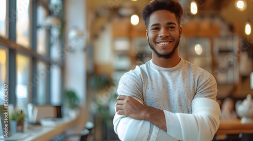 Young man with cast on arm smiling warmly in a comfortable office setting, showcasing resilience and positivity despite injury photo