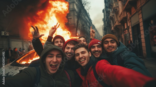 Joyful friends takes a selfie against the background of a burning car