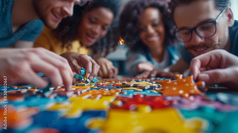 Young People Working Together on Puzzle, Diverse group of friends solving colorful jigsaw puzzle, engaged and happy Young People Working Together on Puzzle, Diverse group of friends solving colorful jigsaw puzzle, engaged and happy