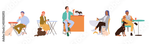 People cartoon characters visiting cafe with pet animals vector illustration set isolated on white