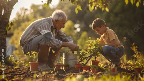 Elderly man and young boy gardening together in a sunny garden. A heartwarming moment. Ideal for family, outdoor activities, and lifestyle themes. AI photo