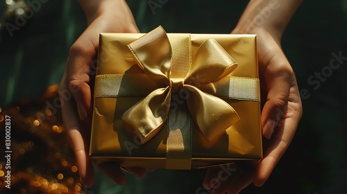 Hands holding a beautifully wrapped gold gift box with a ribbon, perfect for celebrations and special occasions. photo