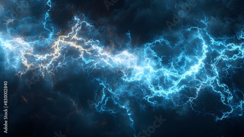 Vibrant blue and white electric currents forming dynamic patterns on dark background