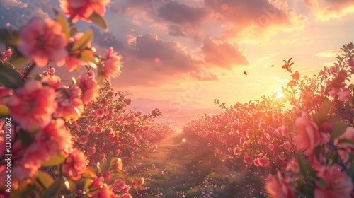 A photo of a dreamlike orchard with pastel-colored fruits, a dawn sky with soft pink clouds and gentle sunlight