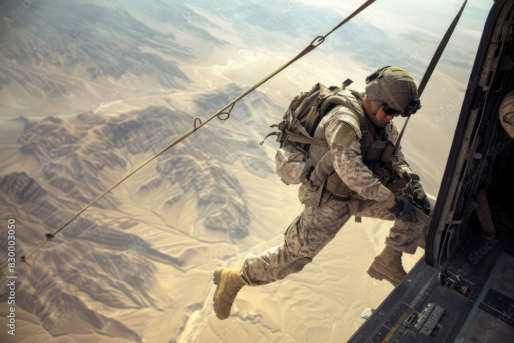 A Marine rappelling from a helicopter into enemy territory A Marine rappelling from a helicopter into enemy territory