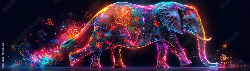 Glowing Elephant with Butterflies, Neon colors and fantasy elements, Magical Animal Glowing Elephant with Butterflies, Neon colors and fantasy elements, Magical Animal