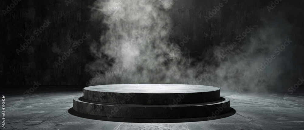 3D rendering of empty dark stage with spotlight and smoke