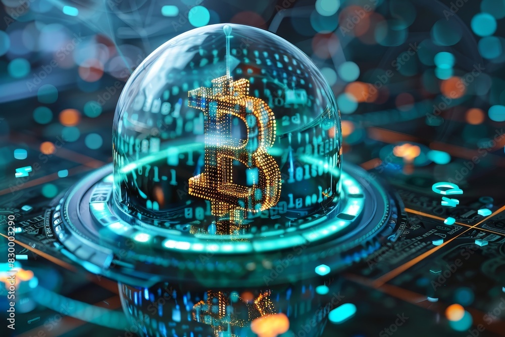 Obraz premium Bitcoin Symbol in Glass, Surrounded by digital elements, Cryptocurrency Concept
