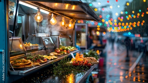 Close-up of a colorful food truck stall at a rainy evening festival, featuring a tempting array of freshly prepared dishes with vibrant market lights in the background