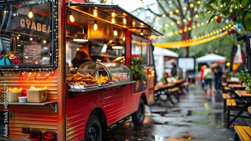 Brightly decorated food truck at a city street fair with festive lights and seating, serving a variety of appetizing street food under a canopy of illuminated strings © HY