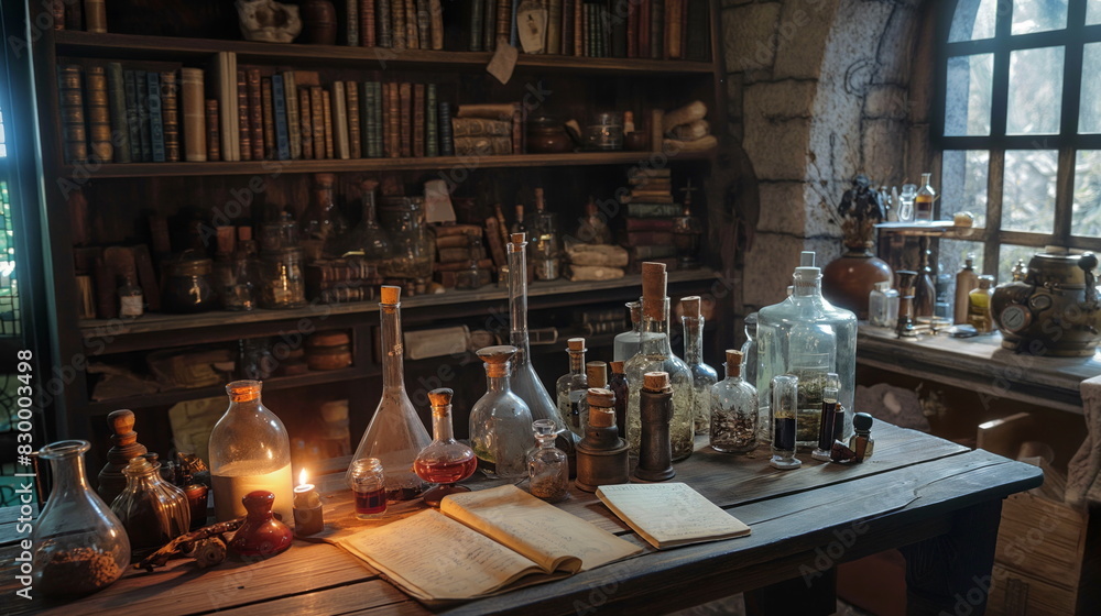 medieval alchemist lab filled with mysterious potions and ancient tomes