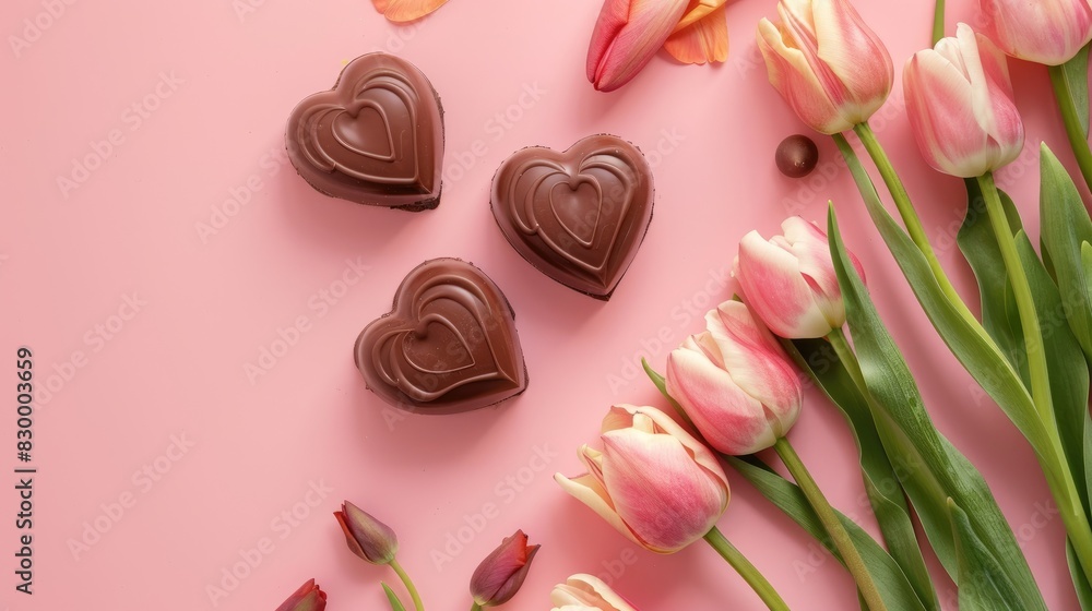 Chocolate Candy Heart and Lovely Tulips Arranged on Pink Table in Flat Lay Chocolate Candy Heart and Lovely Tulips Arranged on Pink Table in Flat Lay