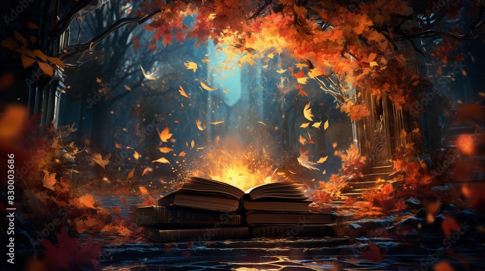 Books with fire and water elements amidst autumn leaves, surreal style, digital painting, contrasting hues 8K , high-resolution, ultra HD,up32K HD
