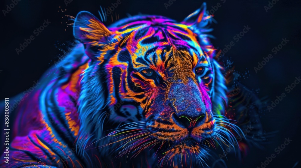 Neon Tiger Portrait, Colorful stripes and glowing eyes, Digital Artwork