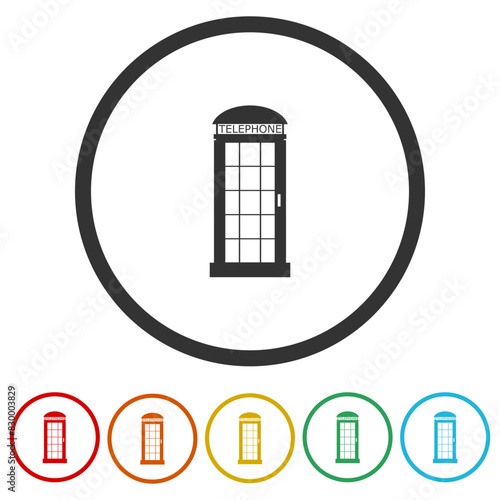 English phone booth icon. Set icons in color circle buttons