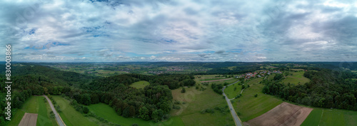 Panoramic shot with villages and forest in Baden Wuerttemberg by drone