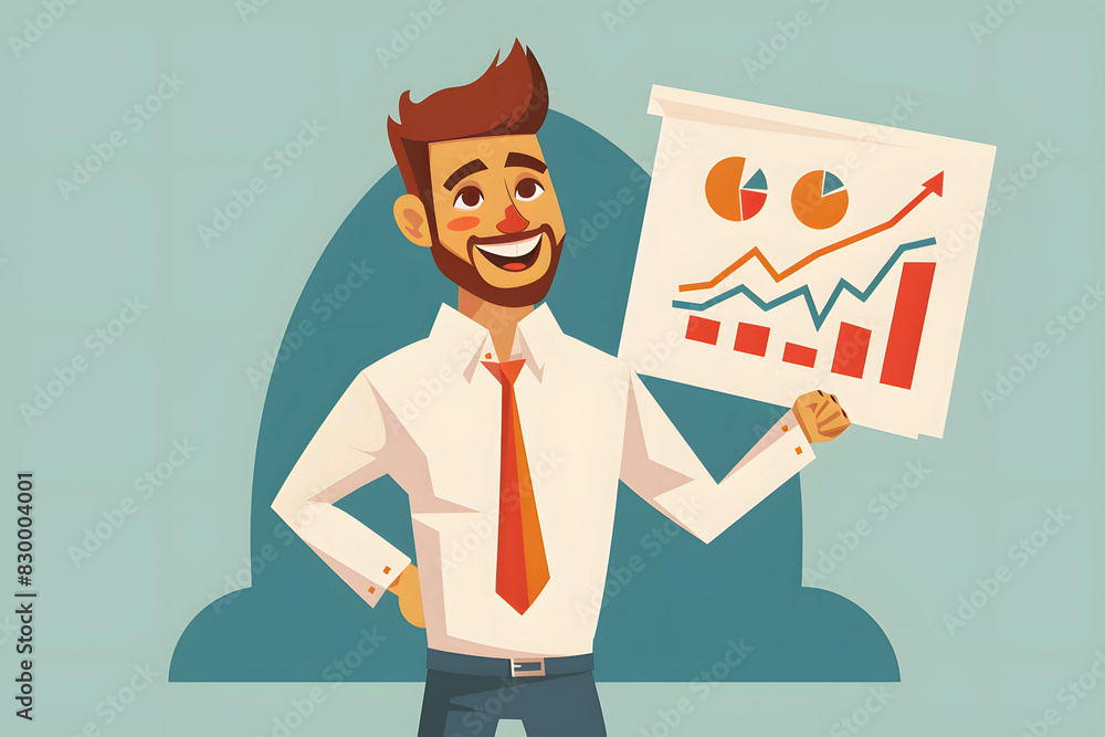 Vector illustration of an investor happily holding a profit chart, symbolizing investment success and profit growth Vector illustration of an investor happily holding a profit chart, symbolizing investment success and profit growth