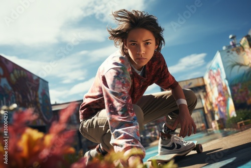 A confident teenager skateboarding down a street photo