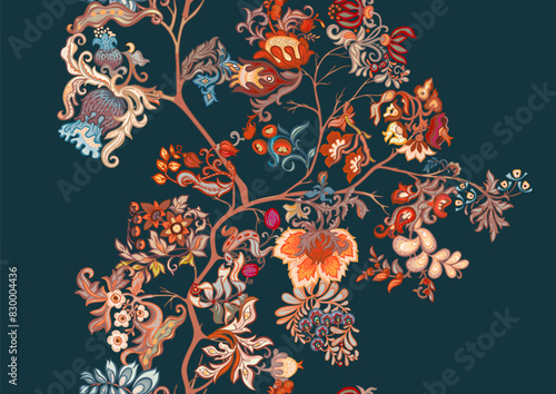 Fantasy, alien flowers, decorative flowers and leaves. Cartoon style. Millefleurs trendy floral design. Seamless pattern, background. Vector illustration.