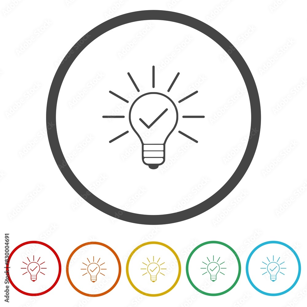 Light bulb with check mark icon. Set icons in color circle buttons Light bulb with check mark icon. Set icons in color circle buttons