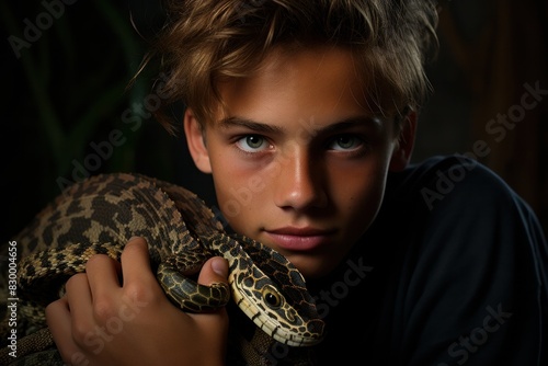 Teenager holding exotic pet snake