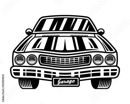 Muscle car front view vector monochrome illustration isolated on white background