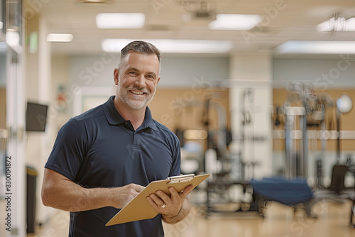 a physical therapist wearing a dark navy blue polo shirt