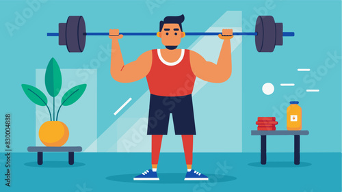 A man confidently lifting weights on the gym floor his oncetense muscles now relaxed and in control.. Vector illustration