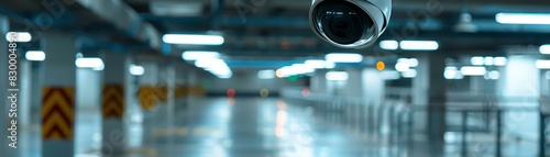 Surveillance camera in a modern parking garage. Blue tones and blurred lights create an urban security atmosphere.