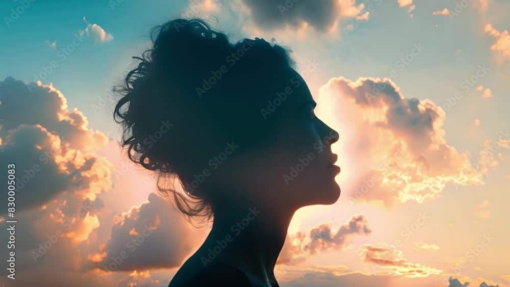 Silhouette of a standing woman against a backdrop of clouds in the sky. Silhouette of a standing woman against a backdrop of clouds in the sky.