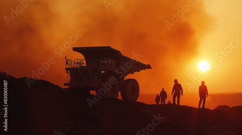 Sunset silhouette of a coal mining operation with silhouetted heavy machinery and workers