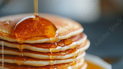 Pancakes with syrup dripping down the sides © AlfaSmart