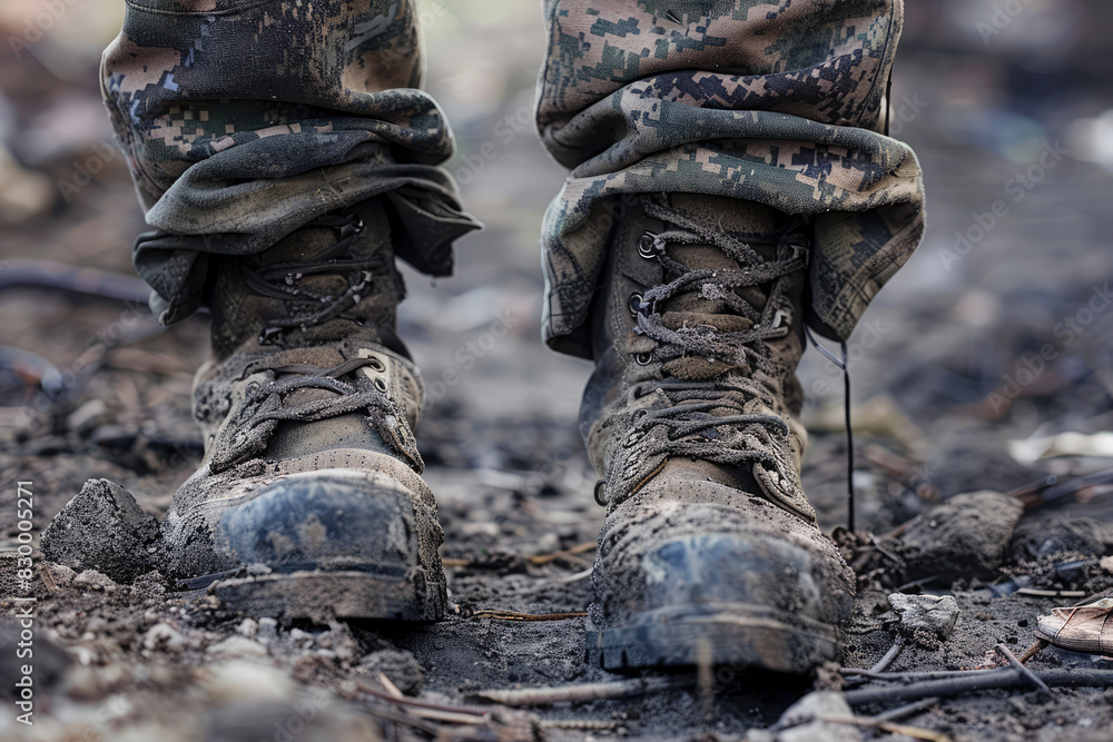 A soldier's boots, worn and scuffed from years of service A soldier's boots, worn and scuffed from years of service