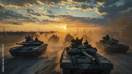 Group of tanks lined up in a strategic formation on the battlefield photo