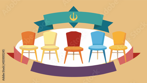A circle of chairs each occupied by a representative of a different religion with a large banner reading Unity in Diversity displayed in the background.. Vector illustration