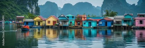 One of Halong Bay floating fishing villages, with colorful houses on stilts and traditional fishing boats photo