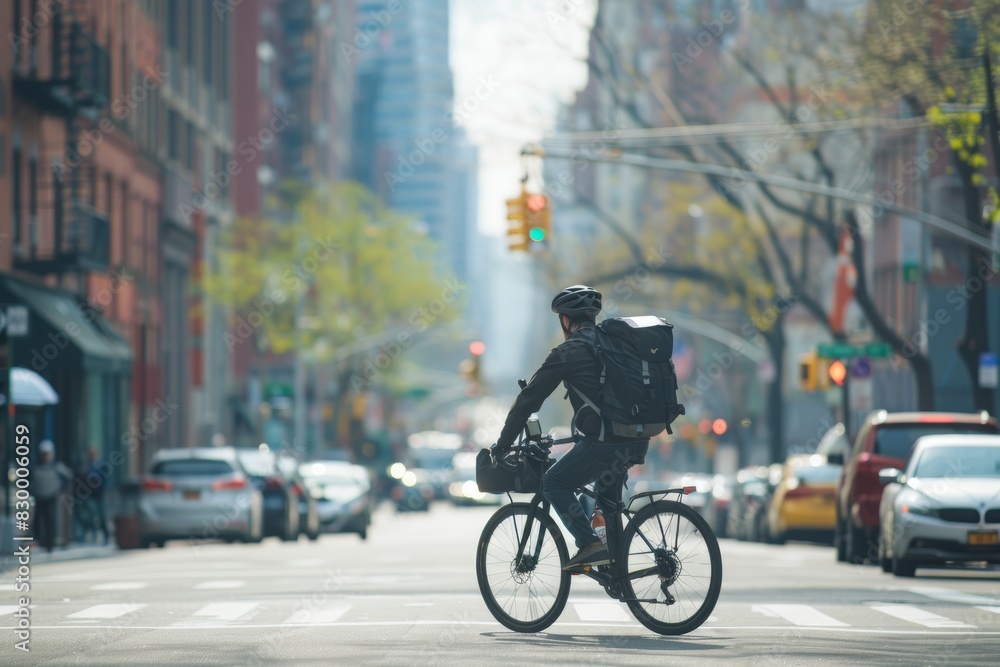 Urban Food Delivery Cyclist in Sunlit City Street - Reflecting Gig Economy and Efficient Urban Transport Urban Food Delivery Cyclist in Sunlit City Street - Reflecting Gig Economy and Efficient Urban Transport