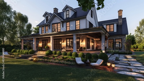 contemporary farmhouse with modern touches and large porch